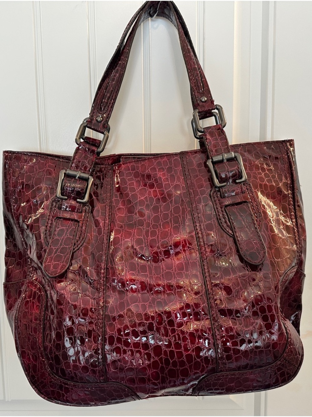 Antonio Melani Burgundy Croc Embossed Patent Tote Oxblood Shoulder Bag
